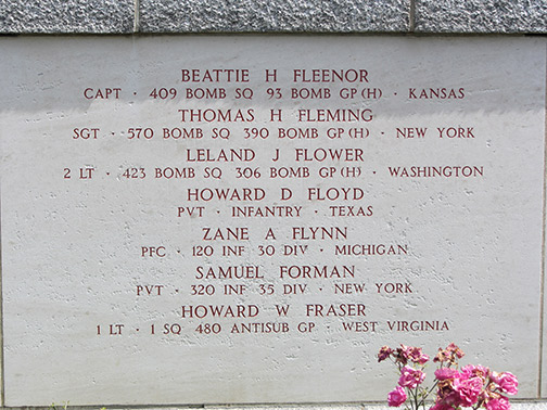 Photo of Fleenor's name on the Tablet's of the Missing at Brittany American Cemetery and Memorial, Saint-James, Basse-Normandie, France.